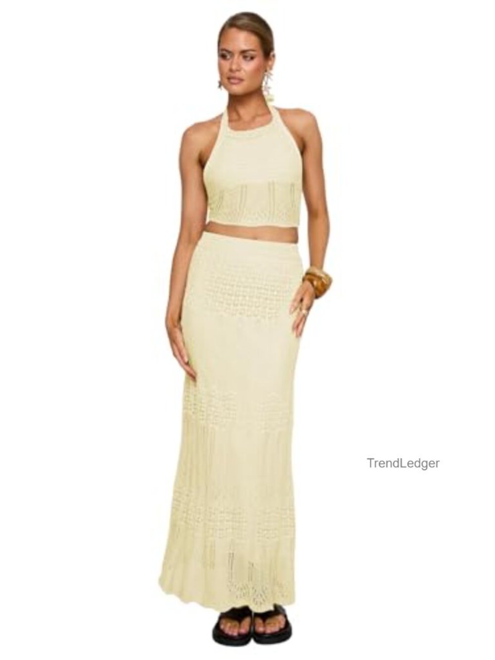 Women's Crochet Knit Skirt Set Halter Crop Top Maxi Skirt S